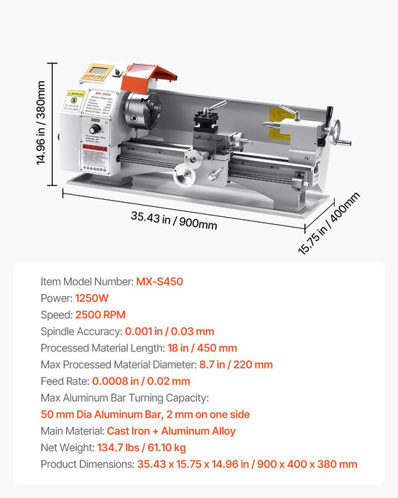 8.7" x 18" Metal Lathe Machine, 1250W Brushless Motor, 0–2500 RPM Variable Speed, Automatic Feed Bench Lathe, DOBA-ML8718