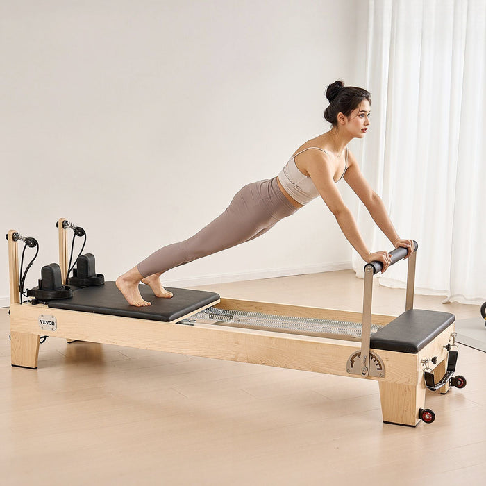 Wooden Pilates Reformer Machine, Dual Resistance Spring & Cord System, Includes Sitting Box, Supports Up to 400 lbs, DOBA-PR400