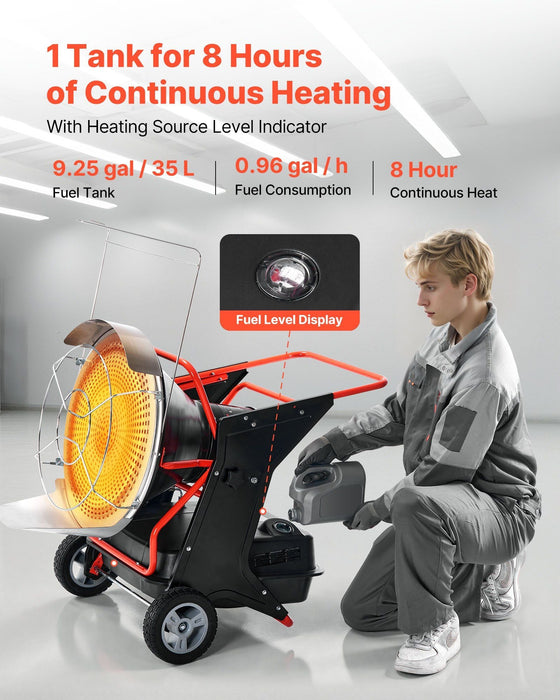 125,000 BTU Radiant Kerosene/Diesel Heater, Portable Industrial Space Heater with Adjustable Temperature & Wheels, DOBA-RH125