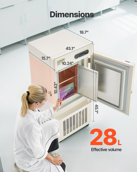 28L Ultra Low Temperature Lab Freezer, −40°F to −123°F Adjustable Temperature Range, Compact Stainless Steel Design, DOBA-LF28