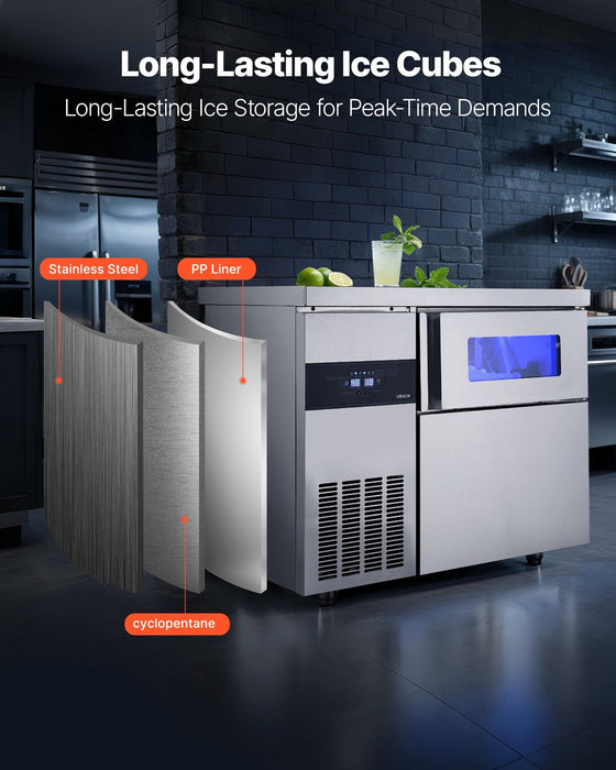 220 lbs/24H Commercial Ice Maker, Stainless Steel with Worktop, 66 lbs Storage & 108 Cubes per Cycle, Self-Cleaning Freestanding Design, DOBA-IM220