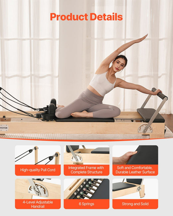 Wooden Pilates Reformer Machine, Dual Resistance Spring & Cord System, Includes Sitting Box, Supports Up to 400 lbs, DOBA-PR400