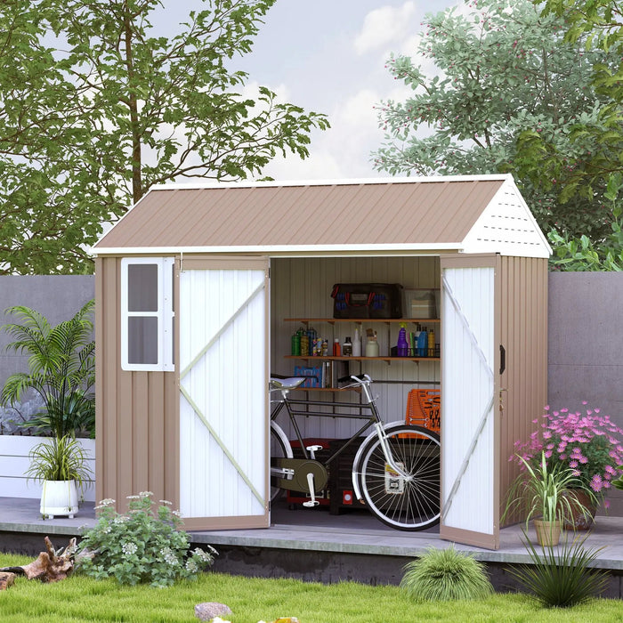 8' x 6' Metal Garden Storage Shed, Extra Large Tool Storage, Doors, Window, and Air Vents, Brown, DOBA-MS86