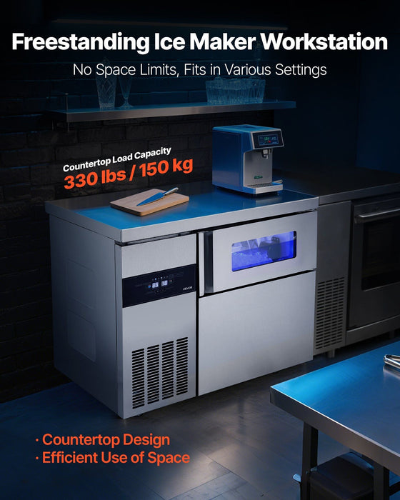 220 lbs/24H Commercial Ice Maker, Stainless Steel with Worktop, 66 lbs Storage & 108 Cubes per Cycle, Self-Cleaning Freestanding Design, DOBA-IM220