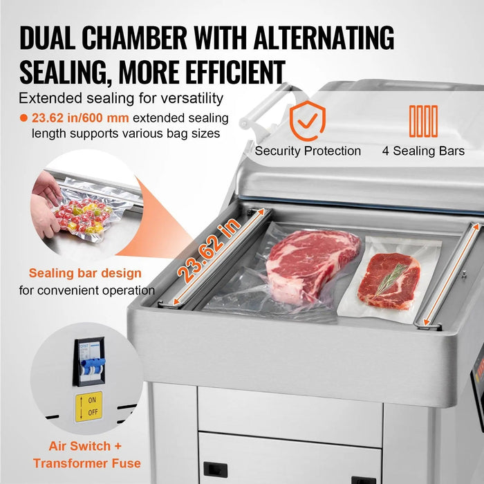 23.62" Sealing Length Chamber Vacuum Sealer, 1200W, Ideal for Wet Foods & Meats, Compact Design for Home & Commercial Use, DOBA-VS23