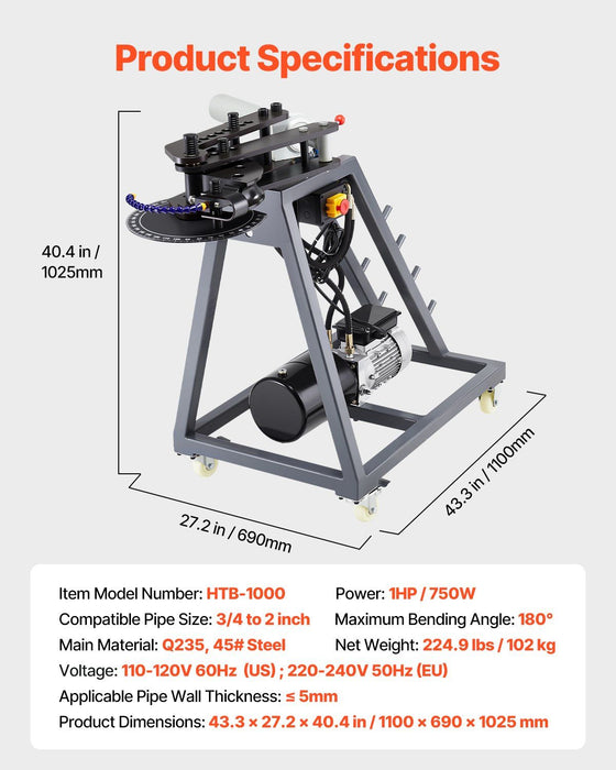 750W Electric Tube Bending Machine, Hydraulic Pipe Bender with 6L Cylinder, Heavy-Duty Tubing Forming Tool, DOBA-TB750
