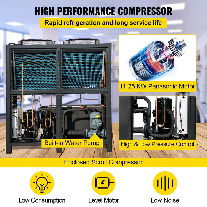 15 Ton Industrial Water Chiller, 15HP Air-Cooled System, Finned Condenser with Micro-Computer Control, Stainless Steel Water Tank, DOBA-WC15