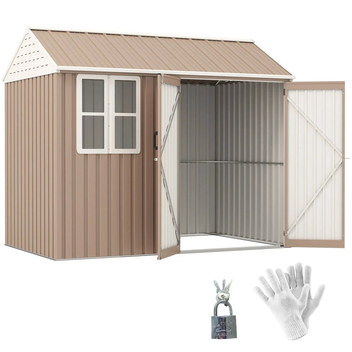 8' x 6' Metal Garden Storage Shed, Extra Large Tool Storage, Doors, Window, and Air Vents, Brown, DOBA-MS86