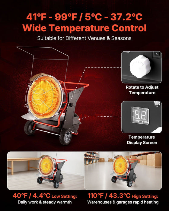 125,000 BTU Radiant Kerosene/Diesel Heater, Portable Industrial Space Heater with Adjustable Temperature & Wheels, DOBA-RH125