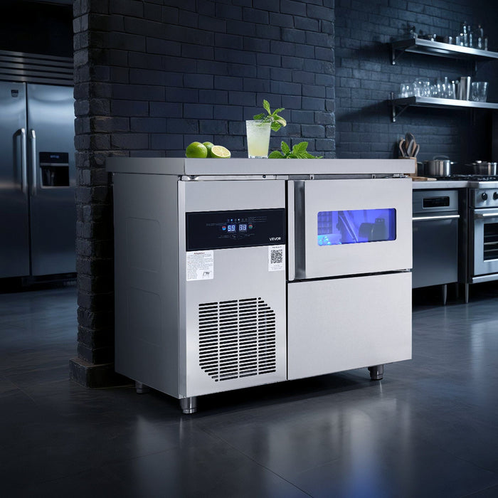 132 lbs/24H Commercial Ice Maker, Stainless Steel with Worktop, 30 lbs Storage & 70 Cubes per Cycle, Self-Cleaning Freestanding Design, DOBA-IM132