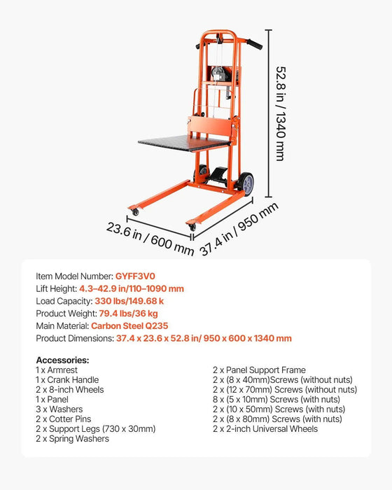 330 lbs Material Lift Winch Stacker, Pallet Truck Dolly, 42.9 in Max Lift, DOBA-LWS330