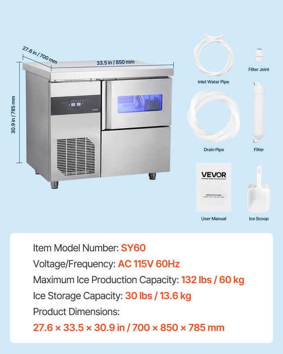 132 lbs/24H Commercial Ice Maker, Stainless Steel with Worktop, 30 lbs Storage & 70 Cubes per Cycle, Self-Cleaning Freestanding Design, DOBA-IM132