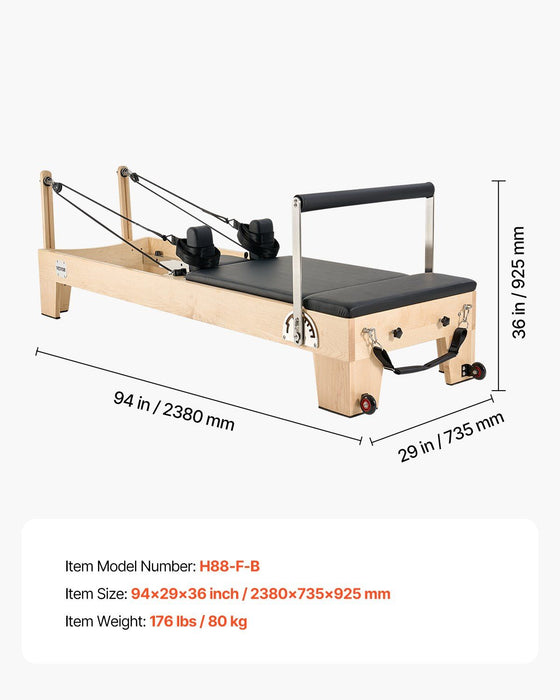 Wooden Pilates Reformer Machine, Dual Resistance Spring & Cord System, Includes Sitting Box, Supports Up to 400 lbs, DOBA-PR400