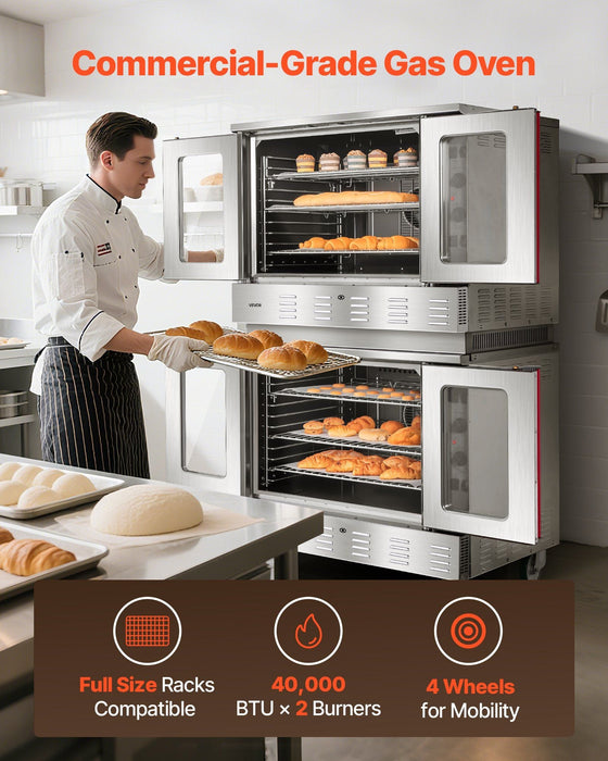 Double Deck Gas Convection Oven, 14 cu.ft Full-Size Capacity, 40,000 BTU x2 Burners, Dual Fan Modes for Bakery & Restaurant Use, DOBA-GO14