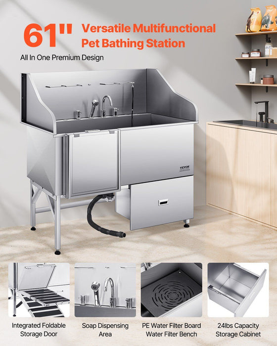 61" Stainless Steel Dog Grooming Bath Tub, Built-in Ramp & Water Filter, Left-Side Faucet Setup, DOBA-DT61L
