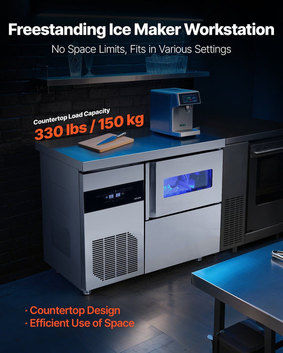 132 lbs/24H Commercial Ice Maker, Stainless Steel with Worktop, 30 lbs Storage & 70 Cubes per Cycle, Self-Cleaning Freestanding Design, DOBA-IM132