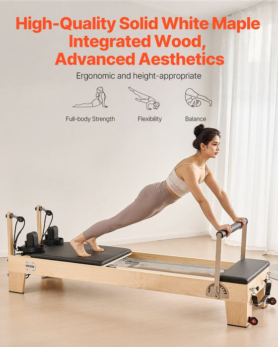 Wooden Pilates Reformer Machine, Dual Resistance Spring & Cord System, Includes Sitting Box, Supports Up to 400 lbs, DOBA-PR400