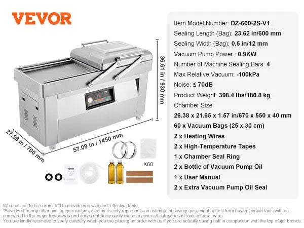 23.62" Sealing Length Chamber Vacuum Sealer, 1200W, Ideal for Wet Foods & Meats, Compact Design for Home & Commercial Use, DOBA-VS23