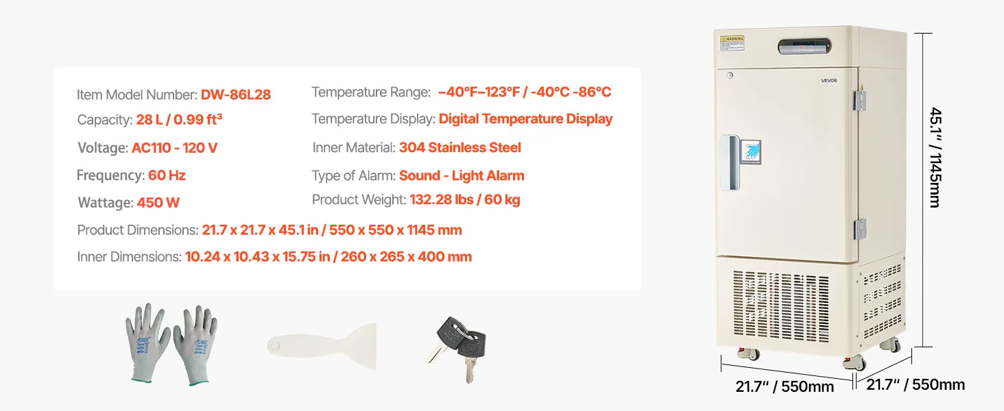 28L Ultra Low Temperature Lab Freezer, −40°F to −123°F Adjustable Temperature Range, Compact Stainless Steel Design, DOBA-LF28