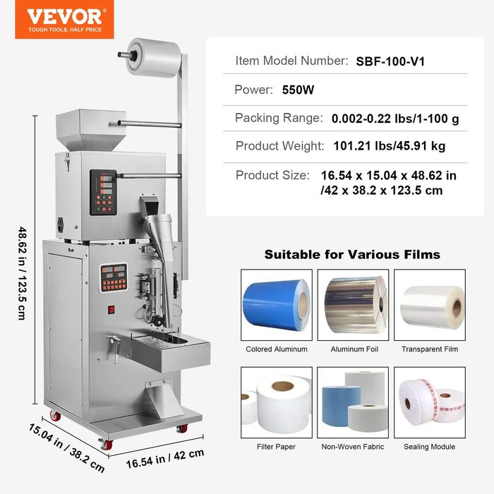 Automatic Particle Packaging Machine, 1–100 g (0.002–0.22 lbs) Filling Range, Multi-Function Pouch Powder Weighing & Packing System for Tea, Seeds, Grains & Flour, DOBA-PM100