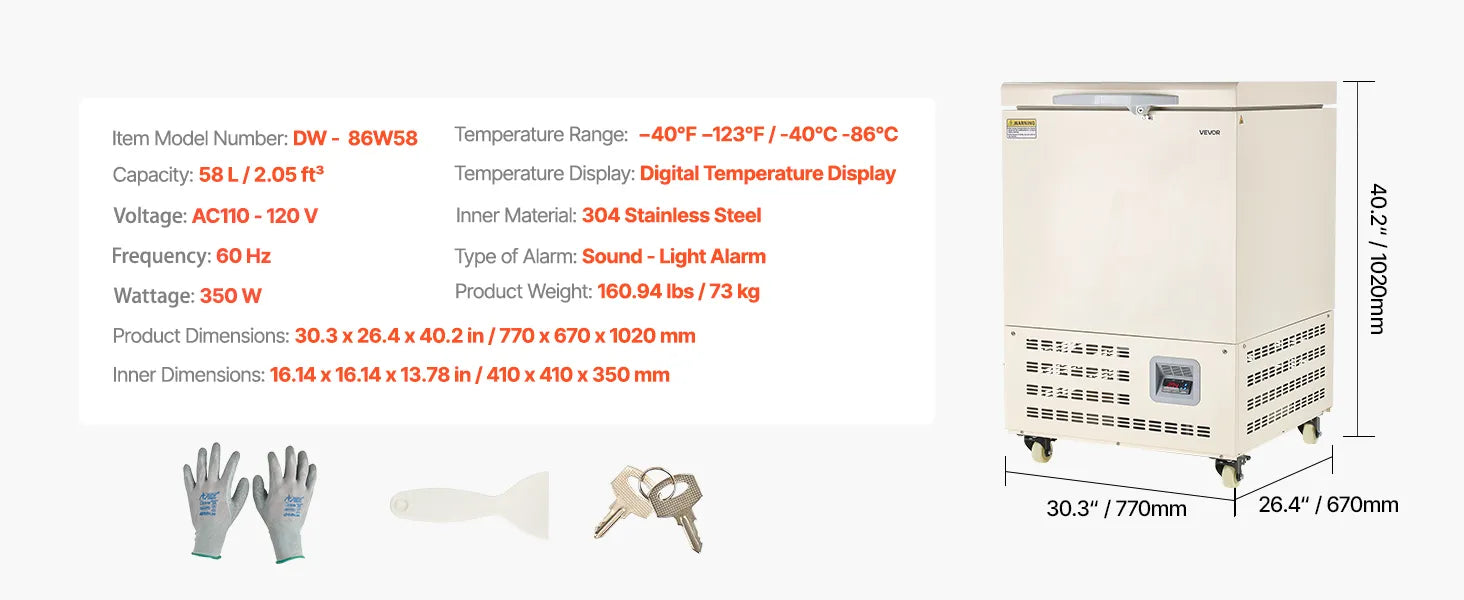 58L Ultra Low Temperature Freezer, −40°F to −123°F Adjustable Range, 304 Stainless Steel Liner, Digital Display with Rollers, DOBA-LF58