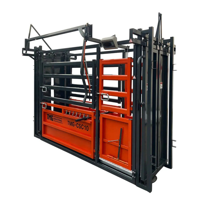 TMG Industrial 10’ Cattle Work Chute 4500-lb Weight Scale, Side Exit, Upper/Lower Swing Openings, LCD Weight Display, TMG-CSC10