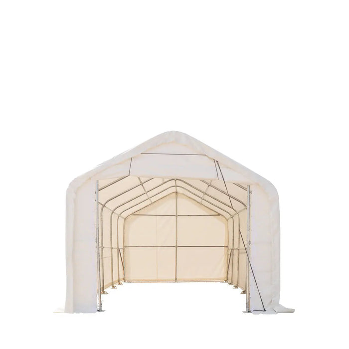 TMG Industrial 15’ x 25’ RV/Motorhome Storage Shelter, 17 oz PVC Fabric Cover, Front Roll-Up Door, Enclosed Rear Wall, 3-Layer Galvanized Steel Frame, 10’ Straight Sidewalls, TMG-ST1525