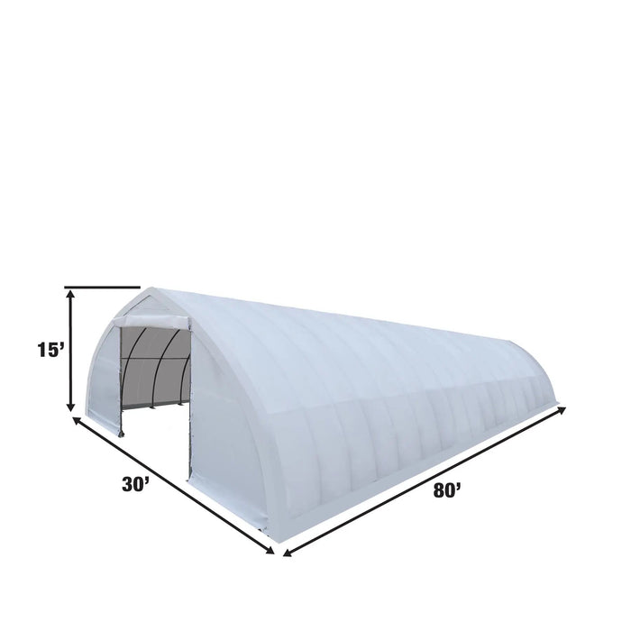 TMG Industrial 30' x 80' Peak Ceiling Storage Shelter with Heavy Duty 17 oz PVC Cover & Drive Through Doors, TMG-ST3080V